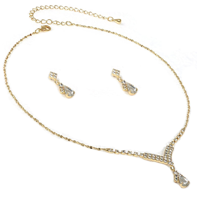 [Australia] - Topwholesalejewel Gold Crystal Teardrop Dangle Earrings V Shape Necklace Jewelry Set 
