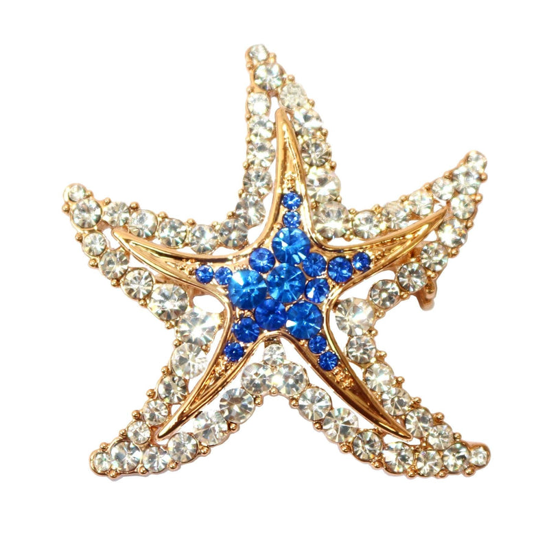 [Australia] - Navachi 18k Gold Plated Multi-Color Crystal Sea Star Starfish Brooch Pin Blue 