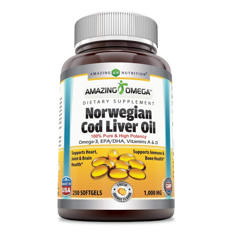 [Australia] - Amazing Omega Norwegian Cod Liver Oil 1000 Mg, Softgels (Orange, 250 Softgels) (Non-Gmo,Gluten Free) Orange 250 Count (Pack of 1) 
