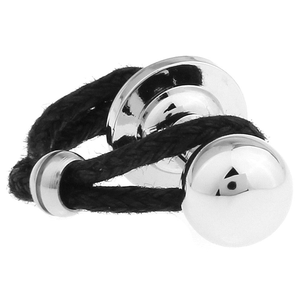 [Australia] - Sphere Cylinder Cuff Links Black Leather Braided Silver Cufflinks 