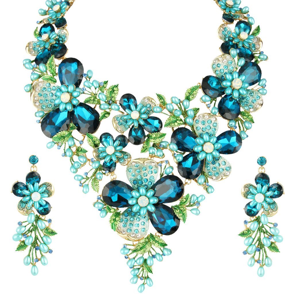 [Australia] - EVER FAITH Crystal Rhinestone White Simulated Pearl Gorgeous Spring Flower Leaf Plant Jewelry Set Blue Gold-Tone 