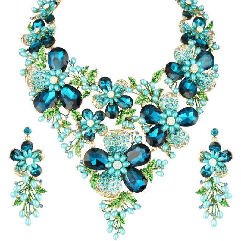 [Australia] - EVER FAITH Crystal Rhinestone White Simulated Pearl Gorgeous Spring Flower Leaf Plant Jewelry Set Blue Gold-Tone 