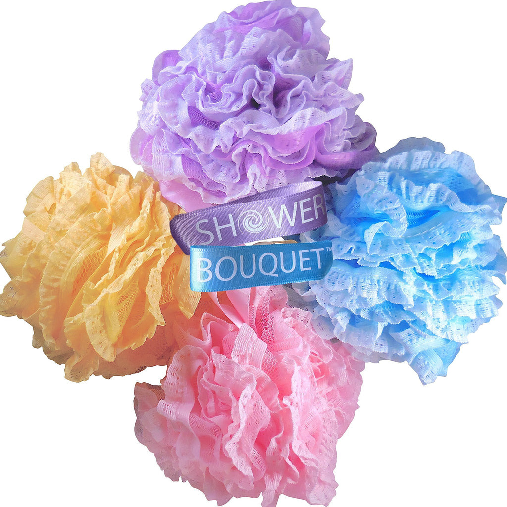 [Australia] - Loofah-Bath-Sponge Lace-Mesh-Set >> 2-Scrubs-in-1 by Shower Bouquet: Large Full 60g Pouf (4 Pack Spa Colors) Body Luffa Loofa Loufa Puff - Exfoliate, Cleanse Skin with Luxurious Bathing Accessories 