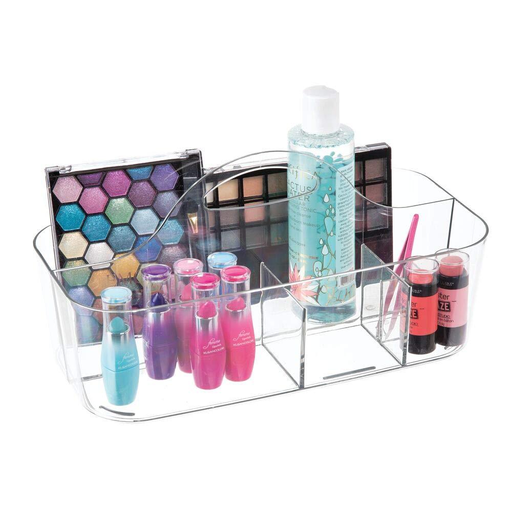 [Australia] - mDesign Plastic Makeup Storage Organizer Caddy Tote - Divided Basket Bin, Handle for Eyeshadow Palettes, Nail Polish, Makeup Brushes, Cosmetic and Shower Essentials - Large - Clear 1 