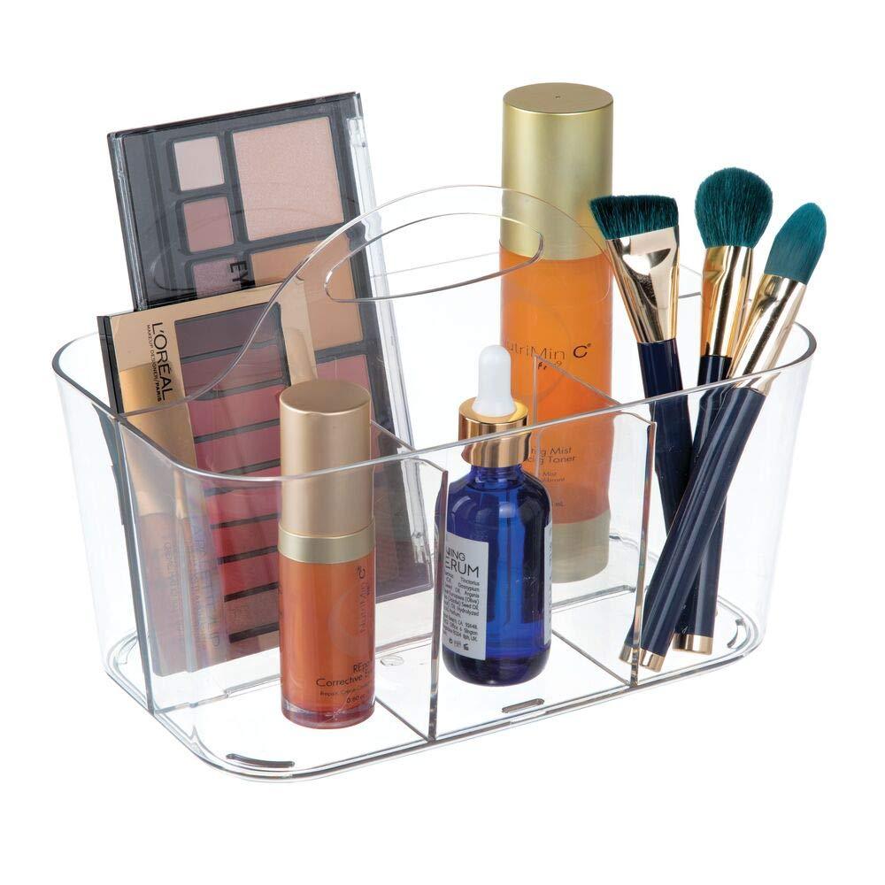 [Australia] - mDesign Plastic Makeup Storage Organizer Caddy Tote - Divided Basket Bin, Handle for Bathroom Storage - Holds Eyeshadow Palettes, Nail Polish, Makeup Brushes, Blush, Shower Essentials - Small - Clear 