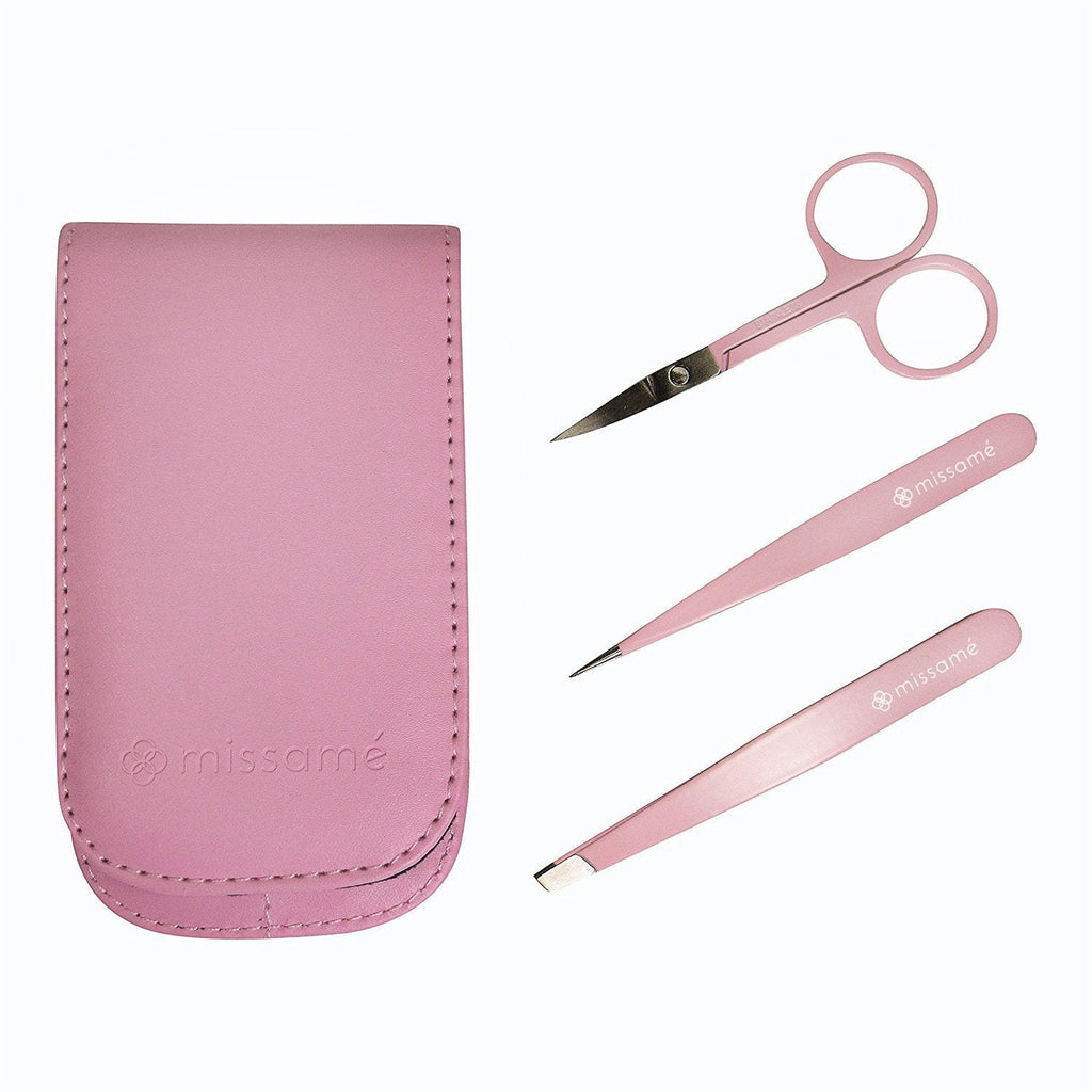 [Australia] - Precision Stainless Steel Eyebrow Tweezers Set In Pointed And Slanted Tip, Curved Brow Scissors, Comes With Pink Travel Case 