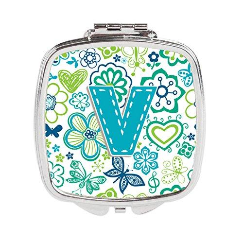 [Australia] - Caroline's Treasures Letter V Flowers and Butterflies Teal Blue Compact Travel Mirrors, Multicolor 