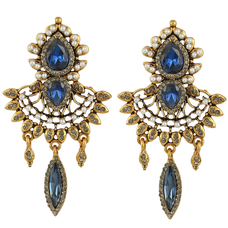 [Australia] - EleQueen Women's Antiqued-gold-tone Crystal Simulated Pearl Chandelier Art Deco Vintage Earrings Blue 