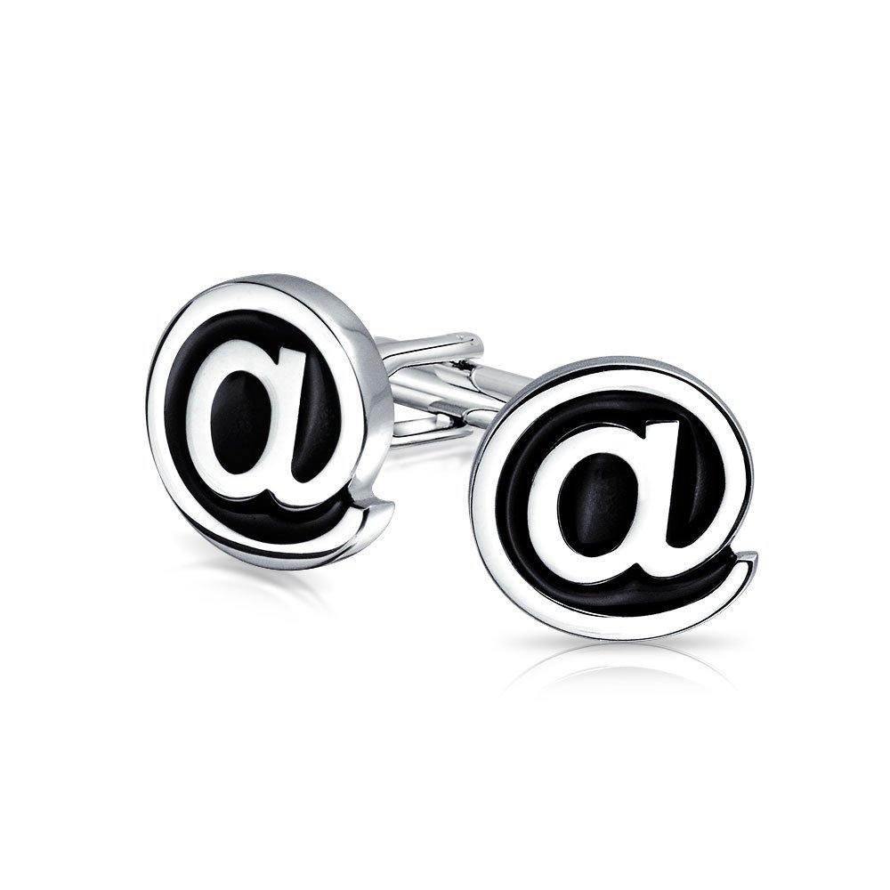 [Australia] - Bling Jewelry Black Round Computer Text Geek Symbol at Sign @ Cufflinks for Men Executive Graduation Bullet Hinge Back Silver Tone Stainless Steel 