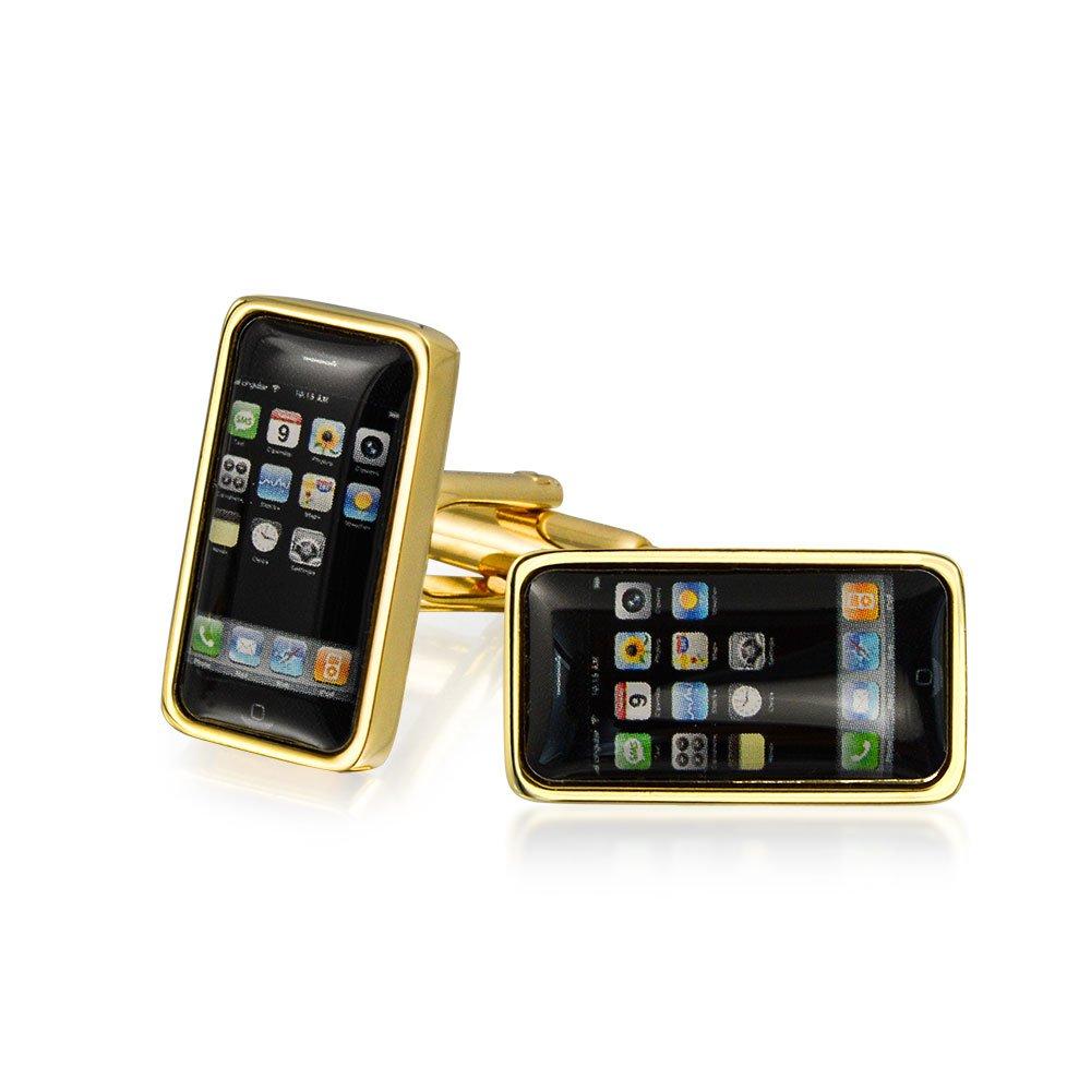 [Australia] - Texting Addict Black Cell Smart Phone Cufflinks for Men Executive Graduation Gift Bullet Hinge Back Gold Tone Stainless Steel 