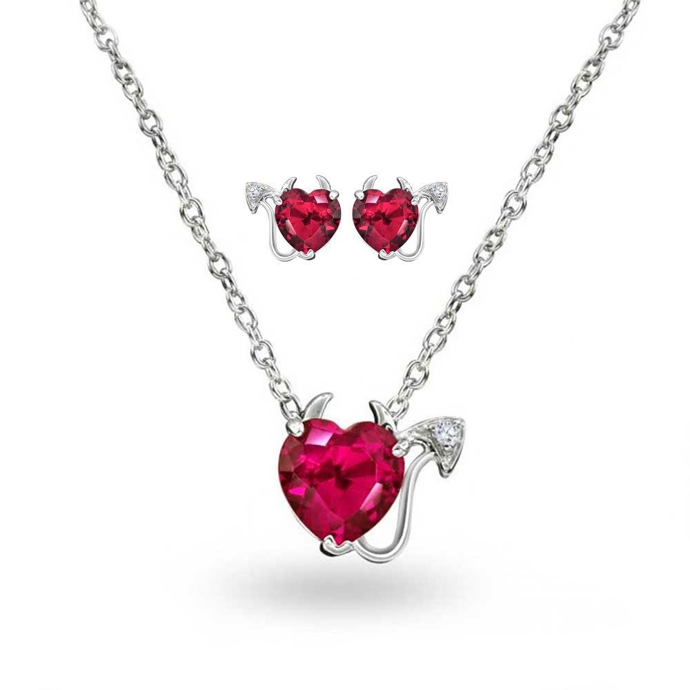 [Australia] - Cubic Zirconia Red AAA CZ Devil Heart Pendant Necklace Stud Earring Jewelry Set For Women For Teen 925 Sterling Silver 