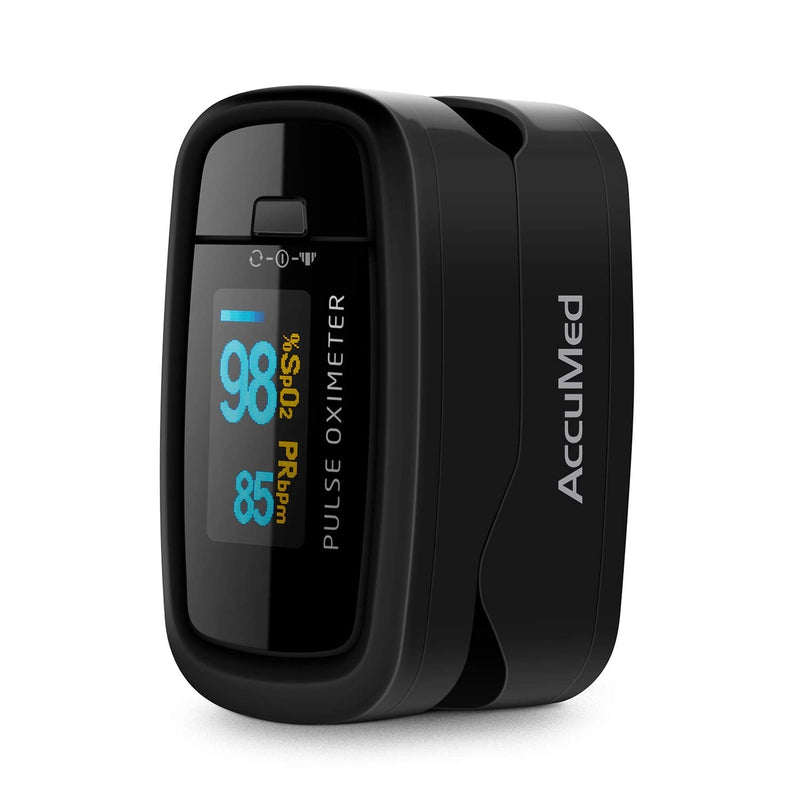 [Australia] - AccuMed CMS-50D1 Fingertip Pulse Oximeter Blood Oxygen Sensor SpO2 for Sports and Aviation. Portable and Lightweight with LED Display, 2 AAA Batteries, Lanyard and Travel Case (Black) 