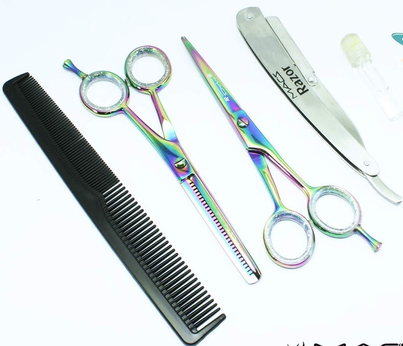 [Australia] - Professional Titanium Barber Scissor Razors Edge Hair Cutting 5 PCs Set 6.25" Barber Shears With 6.25" Texturizing/Thinning Shears Set Made Of High Grade Stainless Steel W/Black Leather Case-15030 