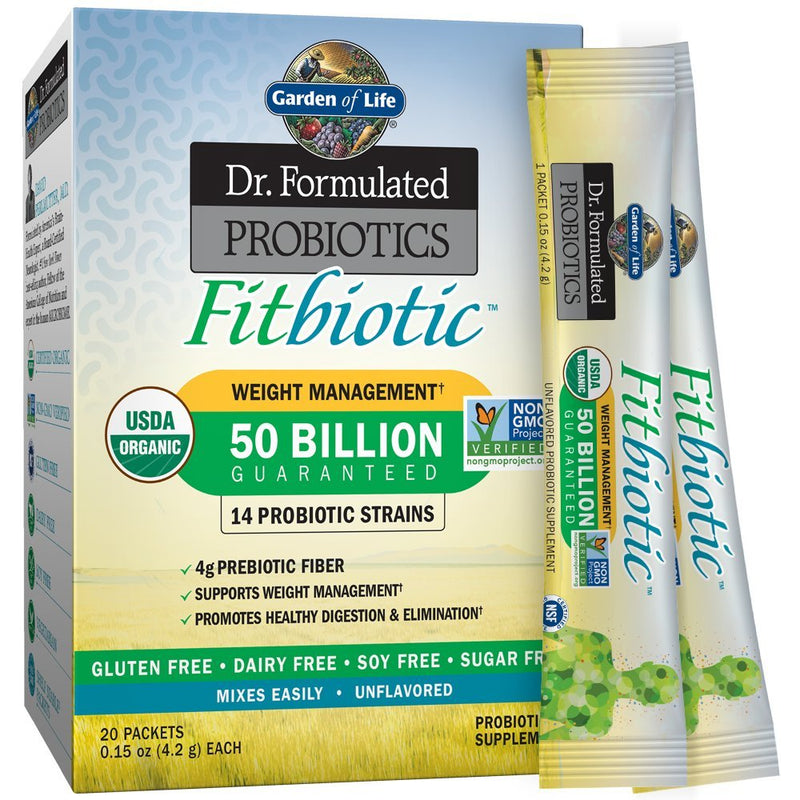 [Australia] - Garden of Life Dr. Formulated Probiotics Fitbiotic Weight Management Powder 50 Billion CFU & Fiber, Organic & Non-GMO Digestive Gut Health Supplement, 3 Oz, Pack of 20 
