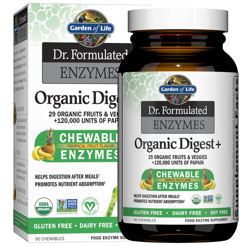 [Australia] - Garden of Life Dr Formulated Digestive Enzymes with Papain, Bromelain, Lipase for Digestion & Nutrient Absorption – Organic Digest+ - Vegan, Gluten-Free, Non-GMO, Tropical Fruit Flavor, 90 Chewables 