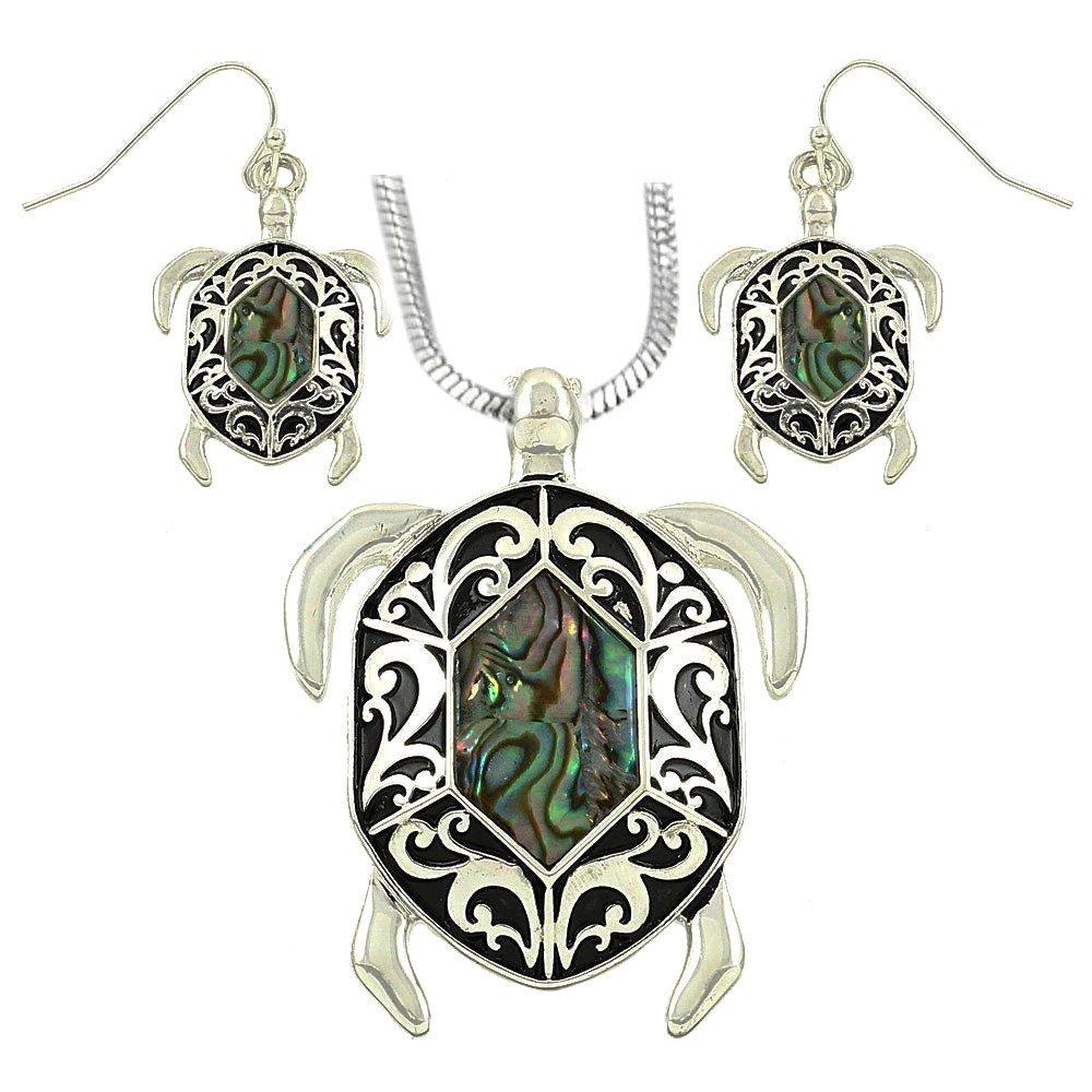 [Australia] - DianaL Boutique Sea Turtle Abalone Shell Pendant Necklace and Earring Set with 19 Inch Snake Chain Filigree Design 