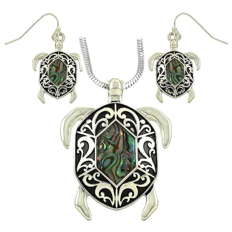 [Australia] - DianaL Boutique Sea Turtle Abalone Shell Pendant Necklace and Earring Set with 19 Inch Snake Chain Filigree Design 