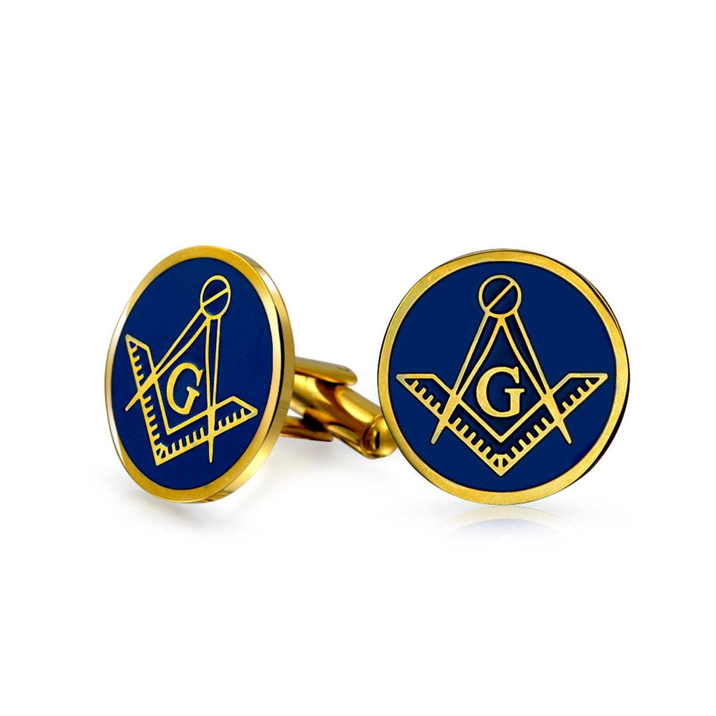 [Australia] - Shield Round Freemasons Compass Symbol Masonic Cuff Links for Men Blue Black Enamel Two Tone Silver Or Gold Tone Stainless Steel Hinge Bullet Back 