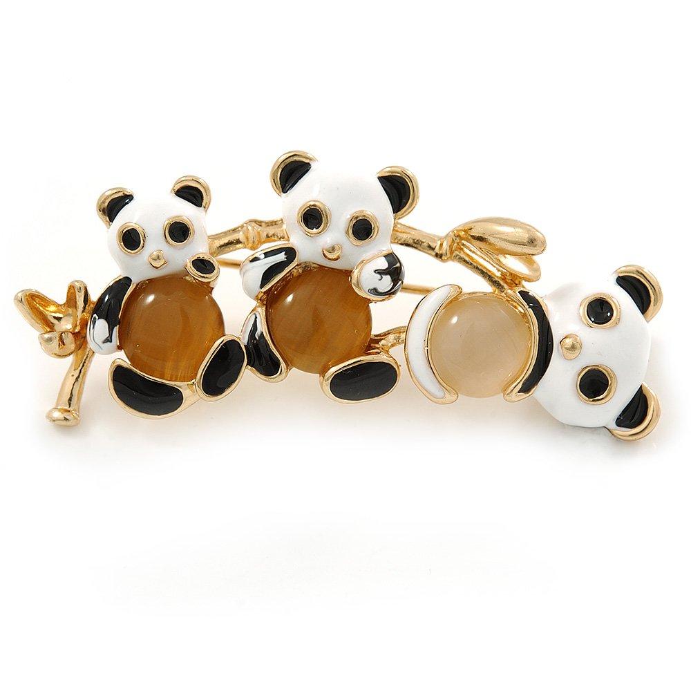 [Australia] - Avalaya Black/White Enamel Three Panda Brooch in Gold Plating - 50mm L 