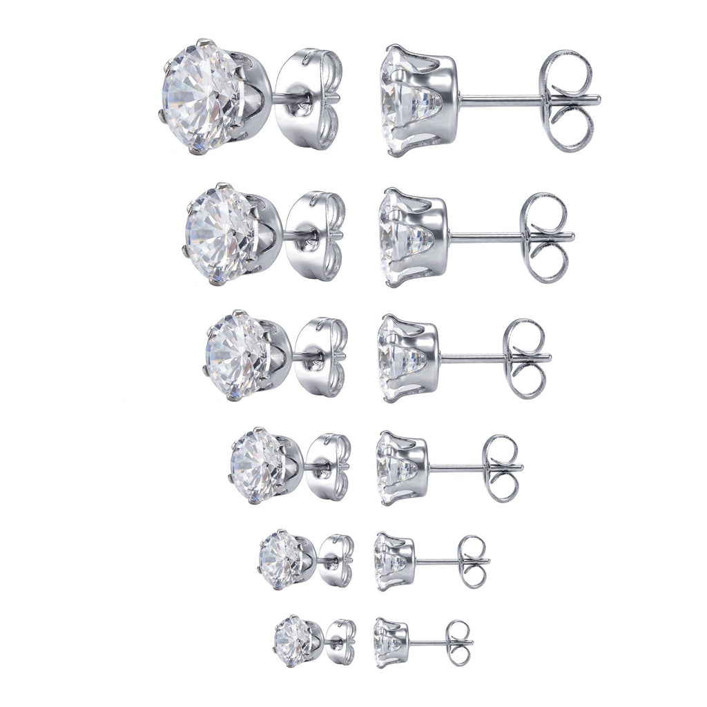 [Australia] - Jstyle Jewelry Women's Stainless Steel Round Clear Cubic Zirconia Stud Earring (6 Pairs) 