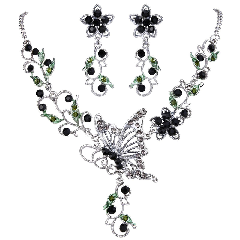 [Australia] - EleQueen Women's Austrian Crystal Butterfly Flower Leaf Necklace Earrings Sets Black 