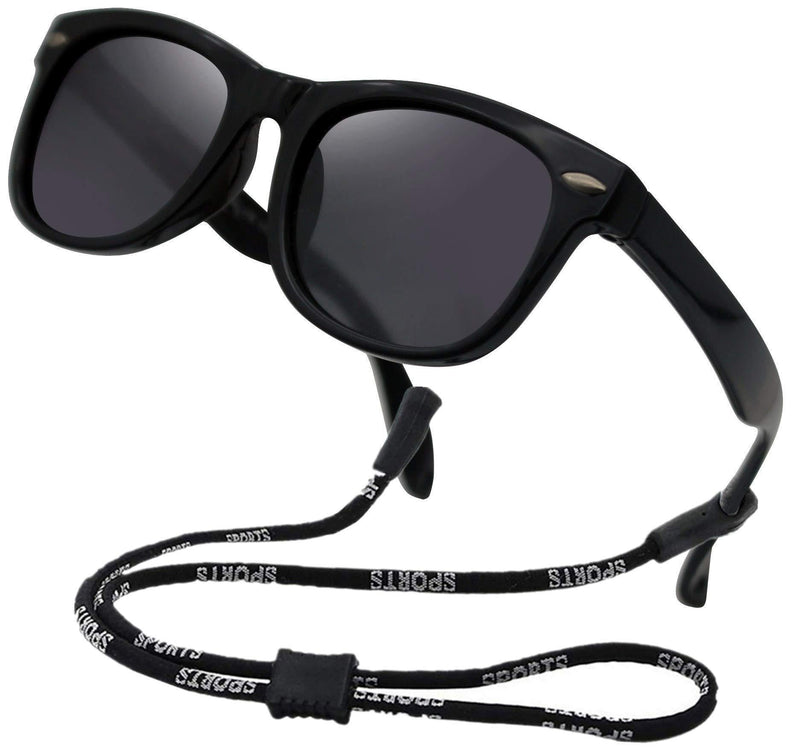 [Australia] - Kids Flexible Polarized Sunglasses for Boys Girls Age 3-10 with Straps Black 