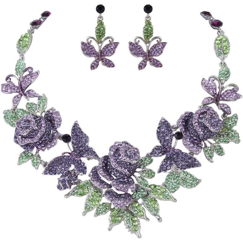 [Australia] - EVER FAITH Austrian Crystal Enamel Butterfly Rose Flower Leaf Necklace Earrings Set Purple Silver-Tone 
