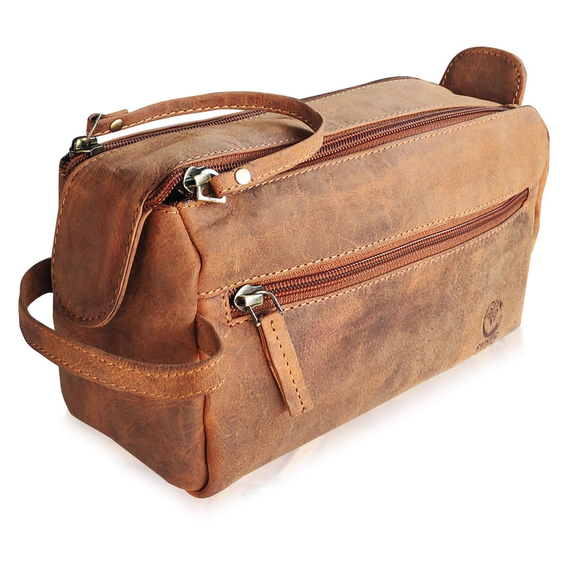 [Australia] - Rustic Town Buffalo Leather Toiletry Bag : Vintage Travel Shaving & Dopp Kit : for Toiletries, Cosmetics & More : Spacious Interior & Waterproof Lining : Compact, Fits Easily in Luggage Brown 