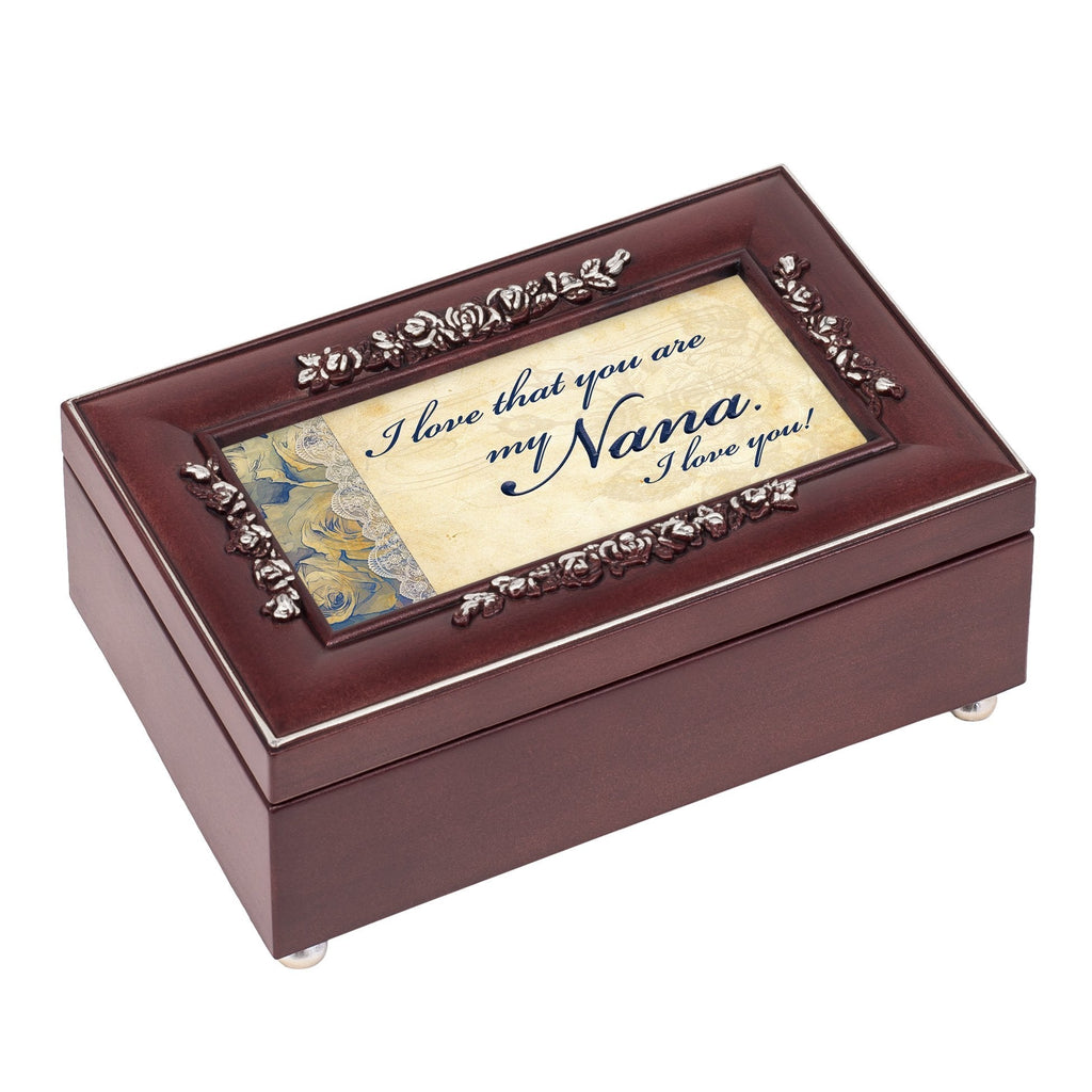 [Australia] - Cottage Garden Nana I Love You Rosewood Finish Embossed Silver Rose Jewelry Music Box - Plays Tune Canon in D 