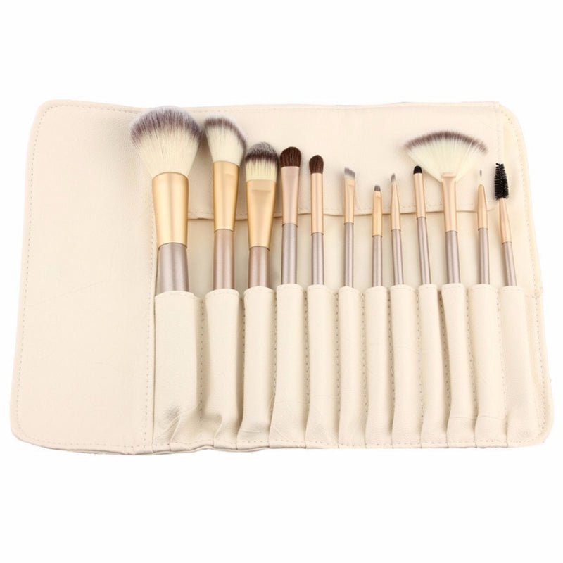 [Australia] - 12 Piece Makeup Brushes Set | Horse Hair Professional Kabuki Makeup Brush Set Cosmetics Foundation Makeup Brushes Set Kits with White Cream-colored Case Bag 