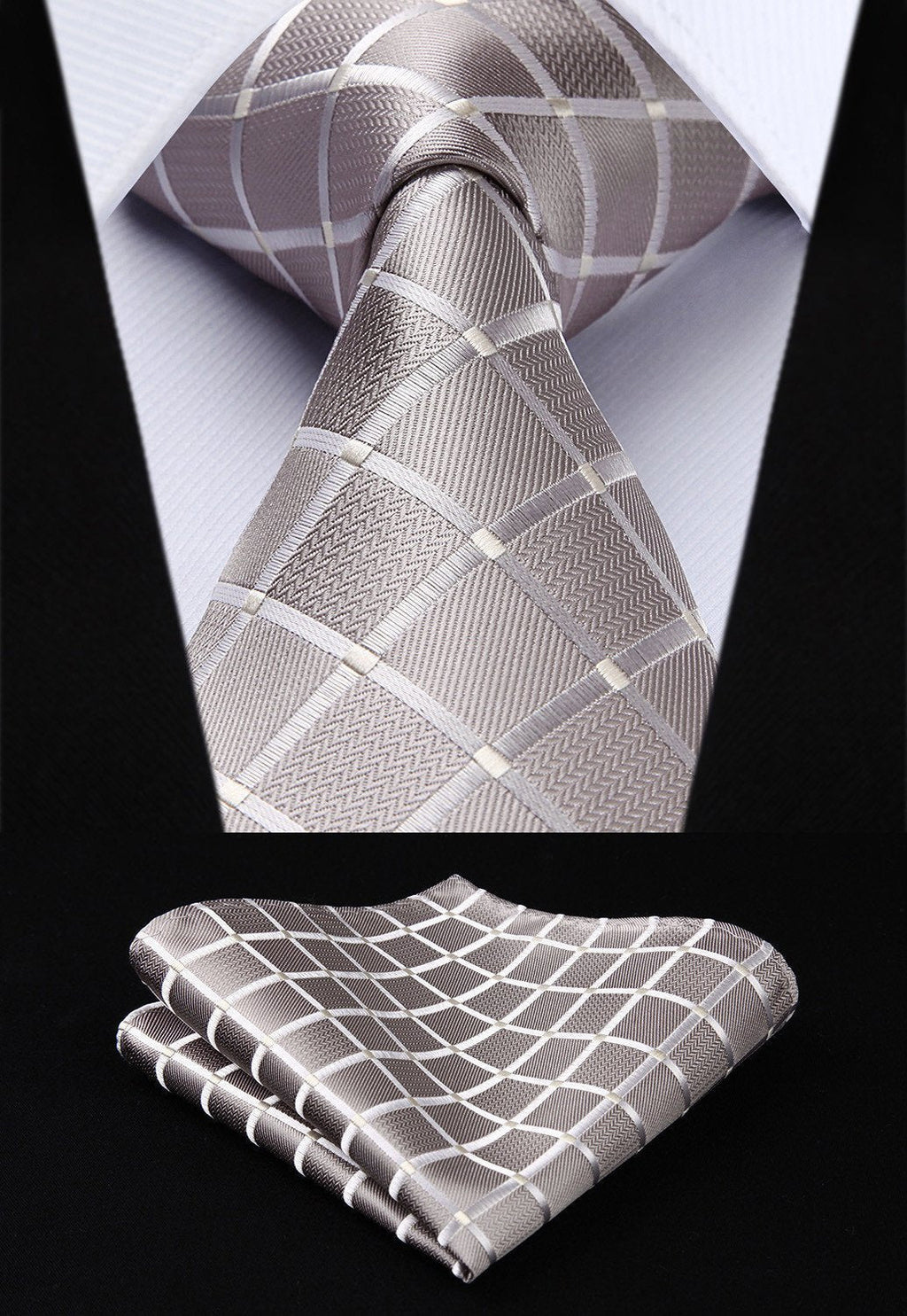 [Australia] - HISDERN Plaid Checkered Tie Handkerchief Woven Classic Men's Necktie & Pocket Square Set S-beige 8.5cm / 3.4 inches in Width 