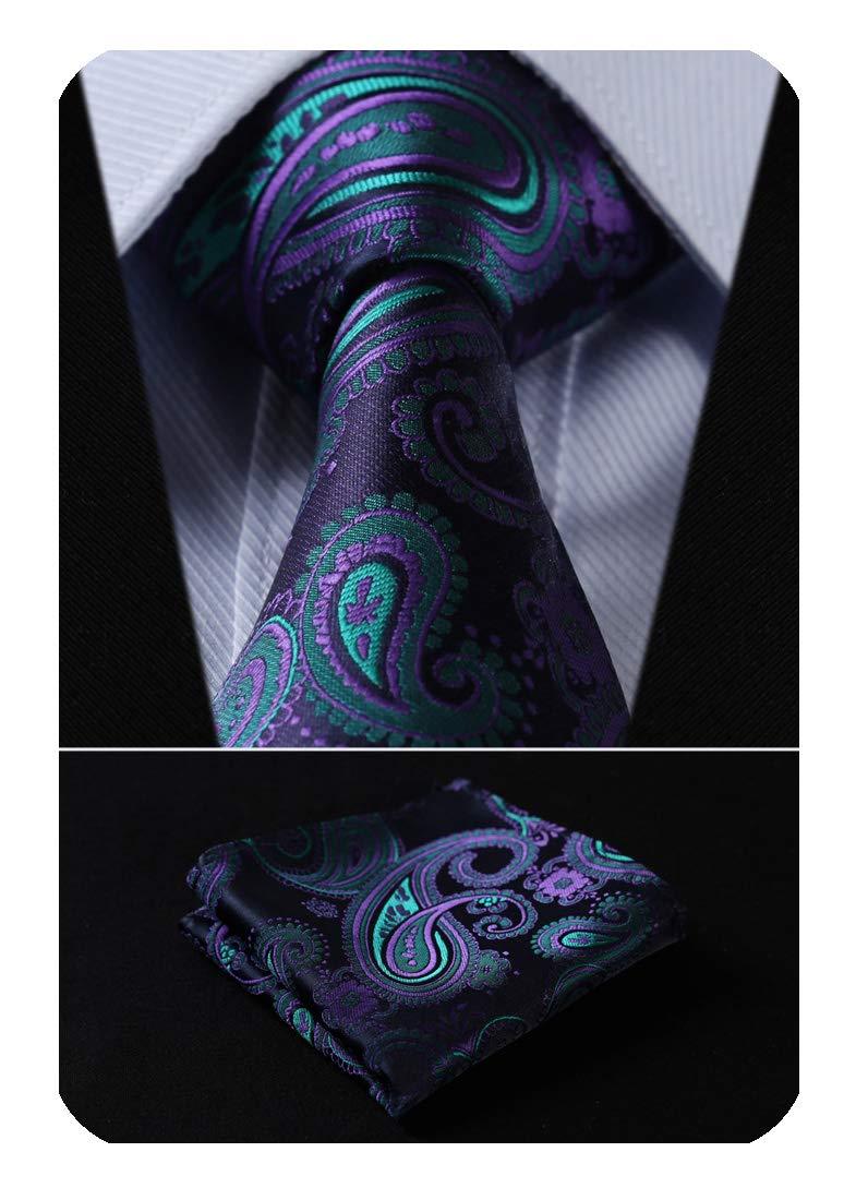 [Australia] - HISDERN Paisley Tie for Men Handkerchief Woven Classic Floral Men's Necktie & Pocket Square Set 01a-navy Blue & Green & Purple 8.5cm / 3.4 inches in Width 