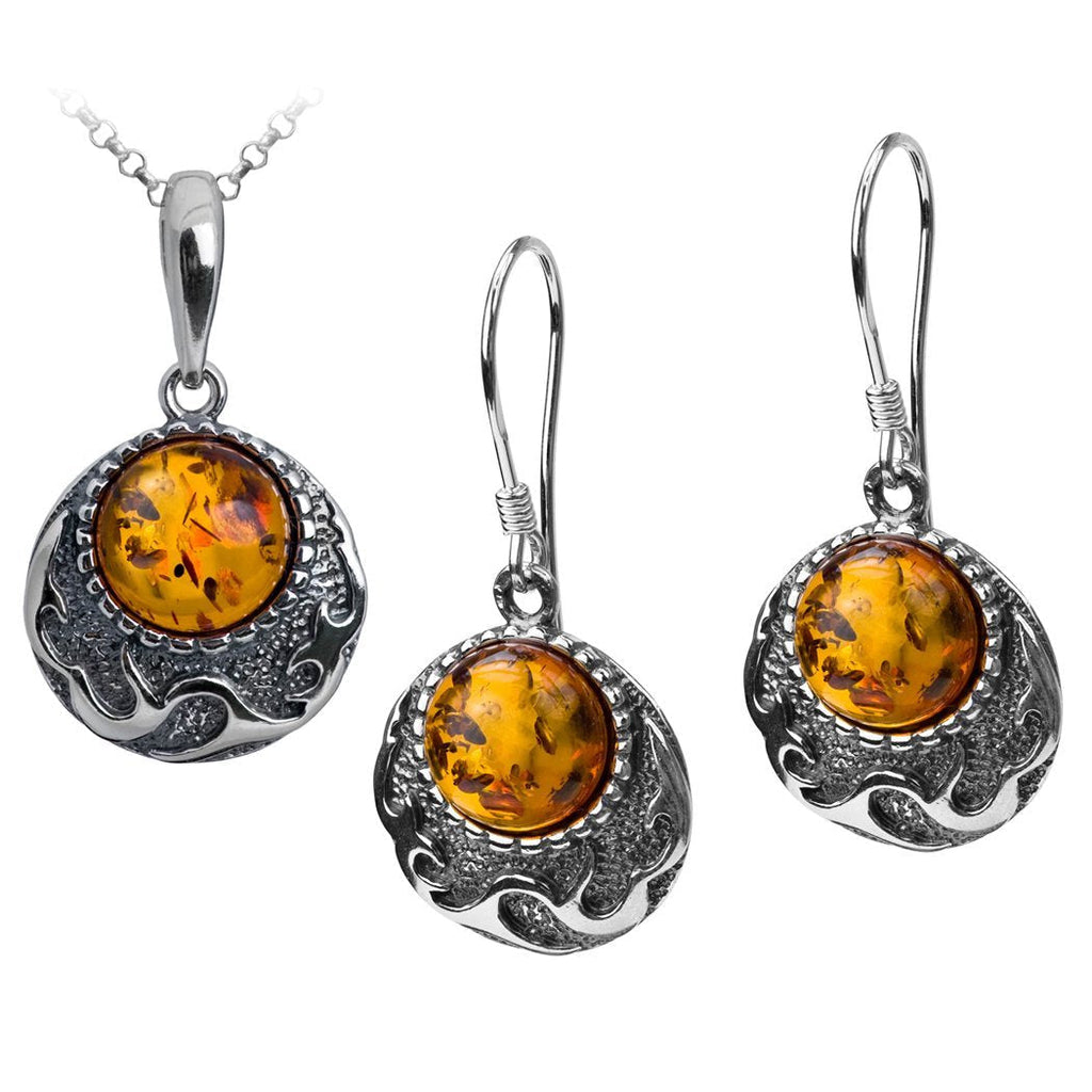 [Australia] - Sterling Silver Amber Round Earrings Pendant Set Chain 18 Inches 