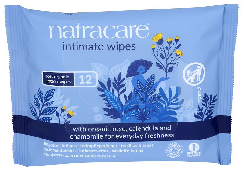 [Australia] - Natracare Organic Cotton Intimate Wipes Infused with Organic Essential Oils of Chamomile, Calendula and French Rose, 12 Wipes per Pack (1 Pack, 12 Wipes Total) 12 Count (Pack of 1) 