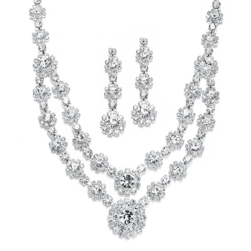 [Australia] - Mariell Silver 2 Row Rhinestone Crystal Necklace and Earrings Set - Prom, Brides and Bridesmaids Jewelry 