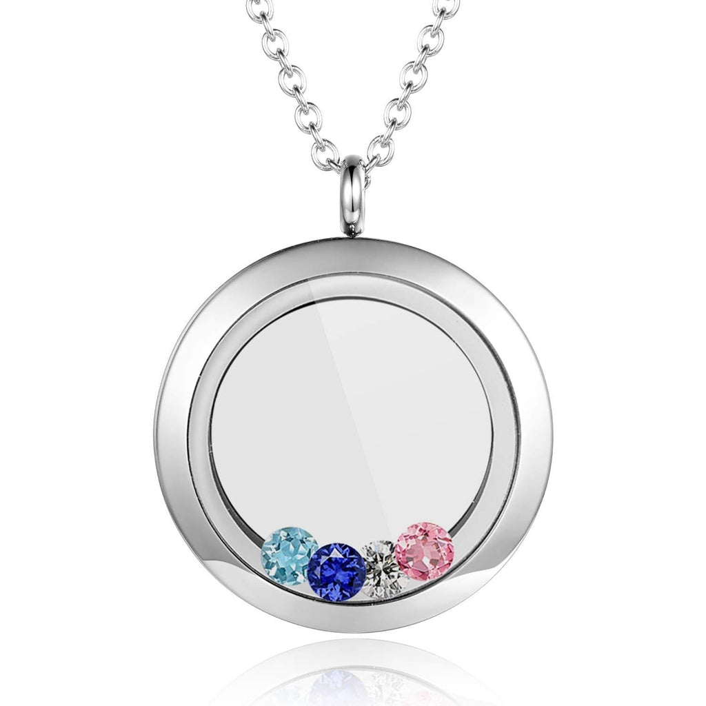 [Australia] - EVERLEAD Living Memory Floating Round Locket Pendant Charms Necklace 316L Stainless Steel Toughened Glass Free Chain and Zircon 30mm magnetic 