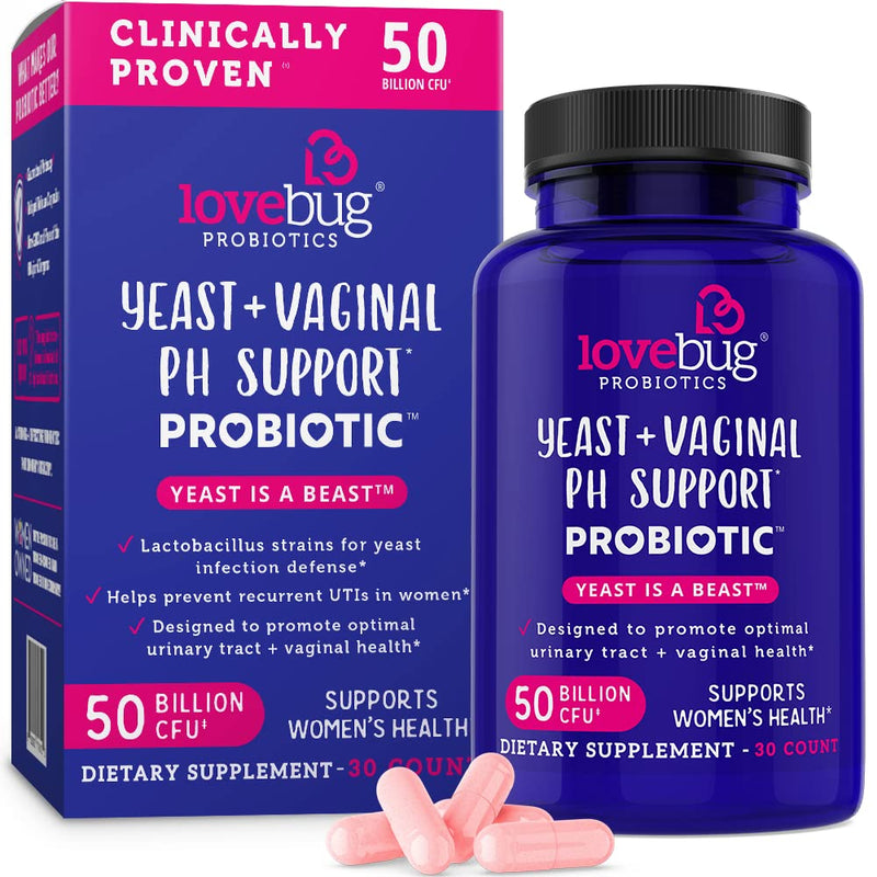 [Australia] - Lovebug Yeast + Vaginal pH Support | Clinically Studied Ingredients for Yeast & UTIs | Multi Strain 50 Billion CFU | 30 Capsules 30 Count (Pack of 1) 