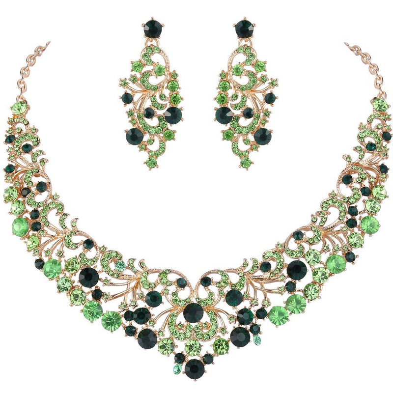 [Australia] - EVER FAITH Gold-Tone Austrian Crystal Gorgeous Butterfly Floral Vine Necklace Earrings Set Green Gold-Tone 