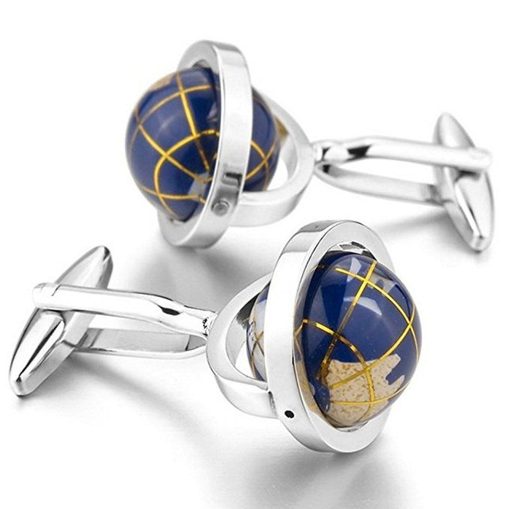[Australia] - LBFEEL Really Spins Rhodium Plated Blue Globe Earth Cufflinks for Men with a Gift Box 