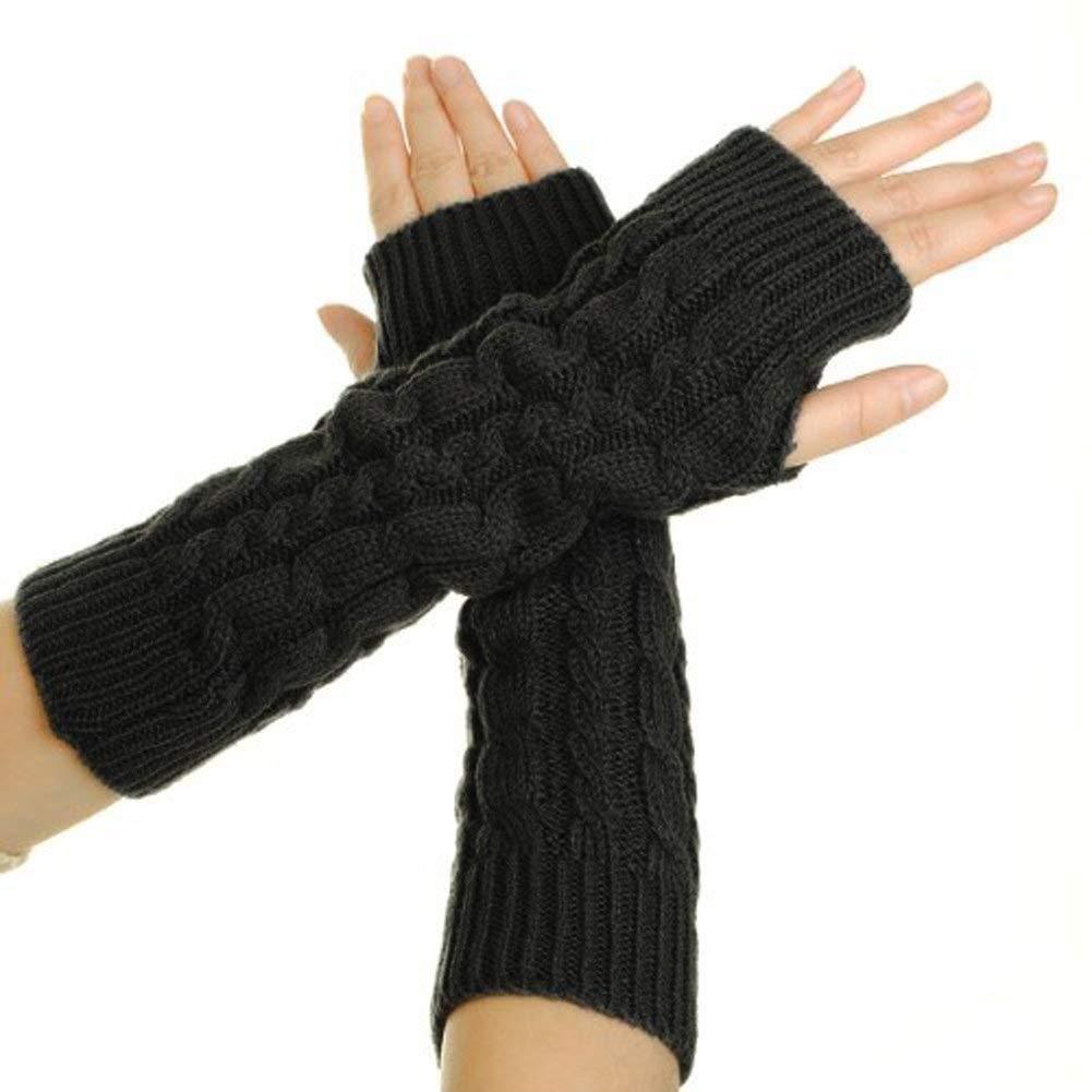 [Australia] - Flammi Women's Cable Knit Arm Warmers Fingerless Gloves Thumb Hole Gloves Mittens Black 