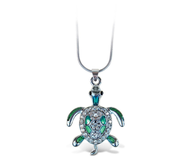 [Australia] - Puzzled Green Sea Turtle Necklace, 18 Inch Fashionable & Elegant Silver Chain Jewelry with Rhinestone Studded Pendant for Casual Formal Attire Sea Life Themed Girls Teens Women Fashion Neck Accessory 
