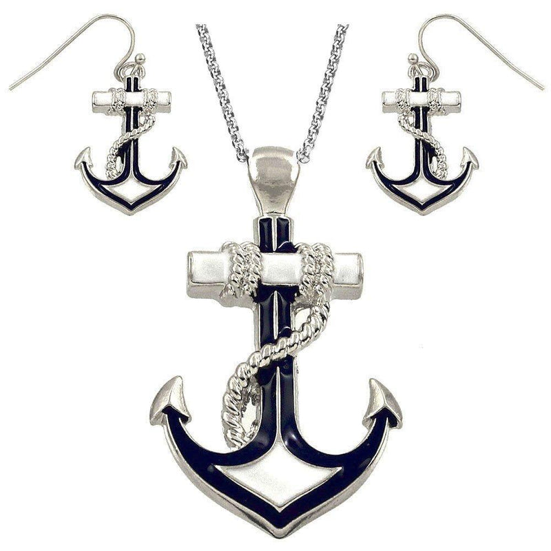 [Australia] - DianaL Boutique Silvertone Nautical Anchor Pendant Necklace and Earring Set 24" Chain 