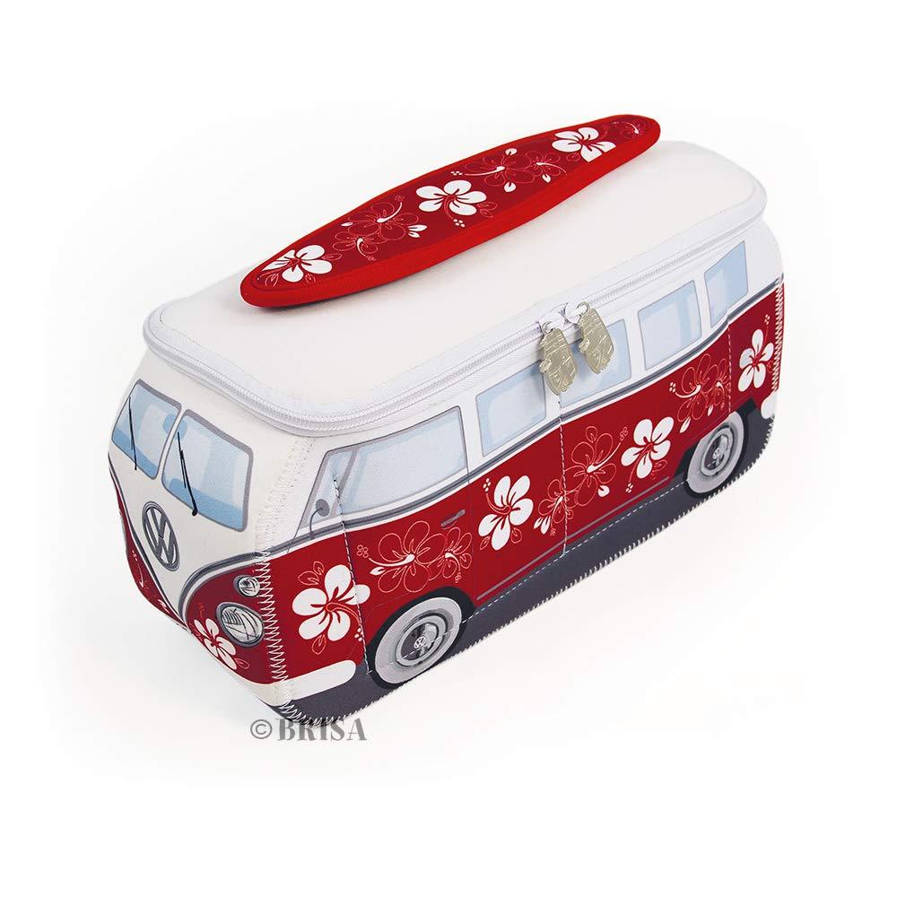 [Australia] - BRISA VW Collection - Volkswagen Samba Bus T1 Camper Van 3D Neoprene Universal Bag - Makeup, Travel, Cosmetic Bag (Neoprene/Hibiscus/Red) 