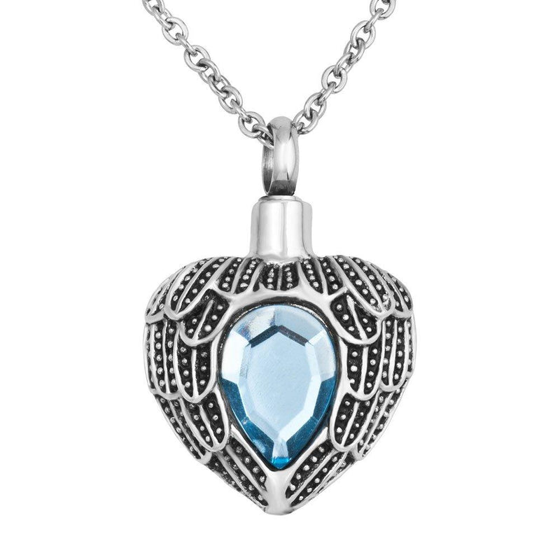 [Australia] - Charmed Craft Heart Angel Wing Blue Birthstone Cremation Necklace URNs for Ashes Memorial Pendant Stainless Steel 