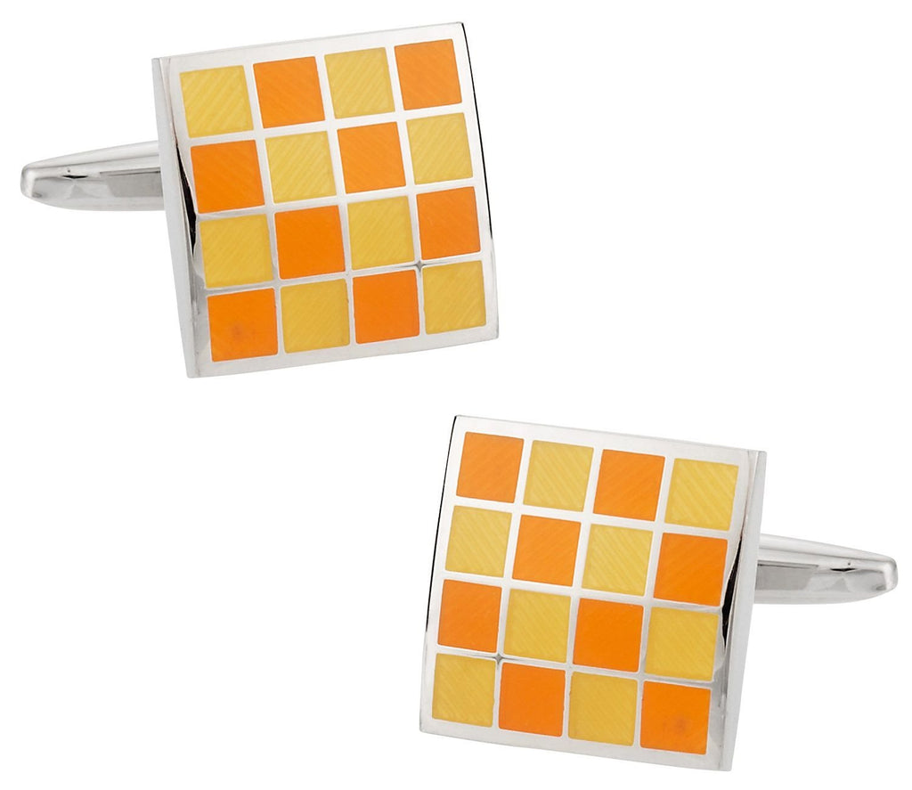 [Australia] - Cuff-Daddy Yellow Orange Checkerboard Enamel Cufflinks with Presentation Box 