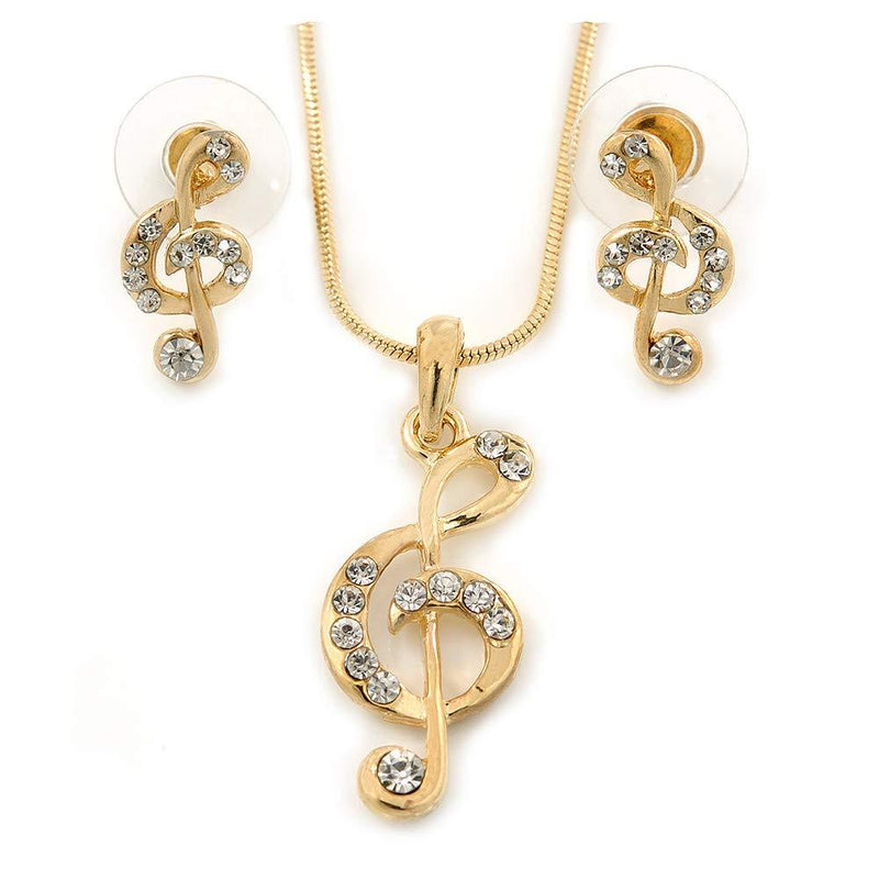 [Australia] - Avalaya Clear Austrian Crystal Treble Clef Pendant with Gold Tone Chain and Stud Earrings Set - 46cm L/ 5cm Ext - Gift Boxed 