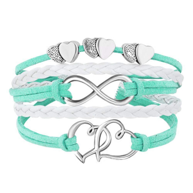 [Australia] - Hithop Leather Wrap Bracelets Girls Double Hearts Infinity Rope Wristband Bracelets Gifts (Green) 