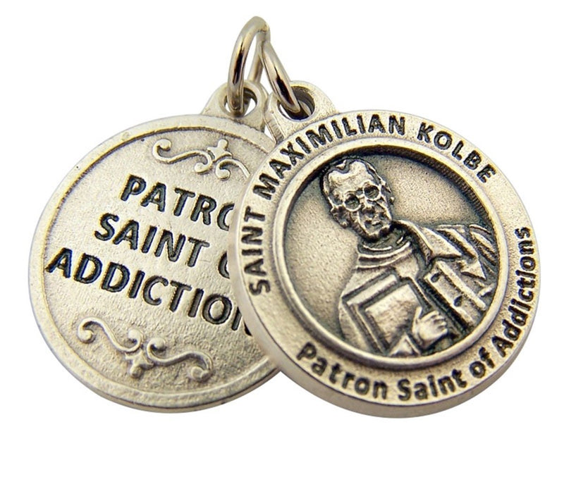 [Australia] - Silver Toned Base Catholic Patron Saint Medal Pendant, 3/4 Inch Patron of Addictions Saint Maximilian Kolbe 