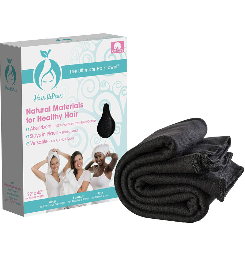 [Australia] - Hair RePear Ultimate Hair Towel - Anti Frizz Premium Cotton Product to Enhance Healthy Natural Hair Perfect for Plopping Wrapping Scrunching Curly Wavy or Straight Hair – 3 Great Sizes 29x45in Black 29" x 45" 