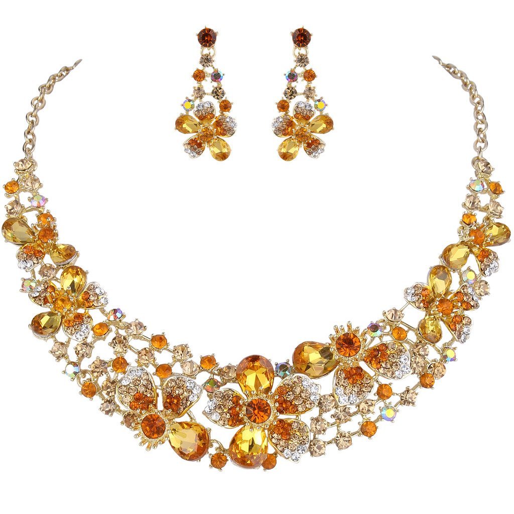 [Australia] - EVER FAITH Austrian Crystal Hibiscus Flower Necklace Earrings Set Gold-Tone Topaz-color 